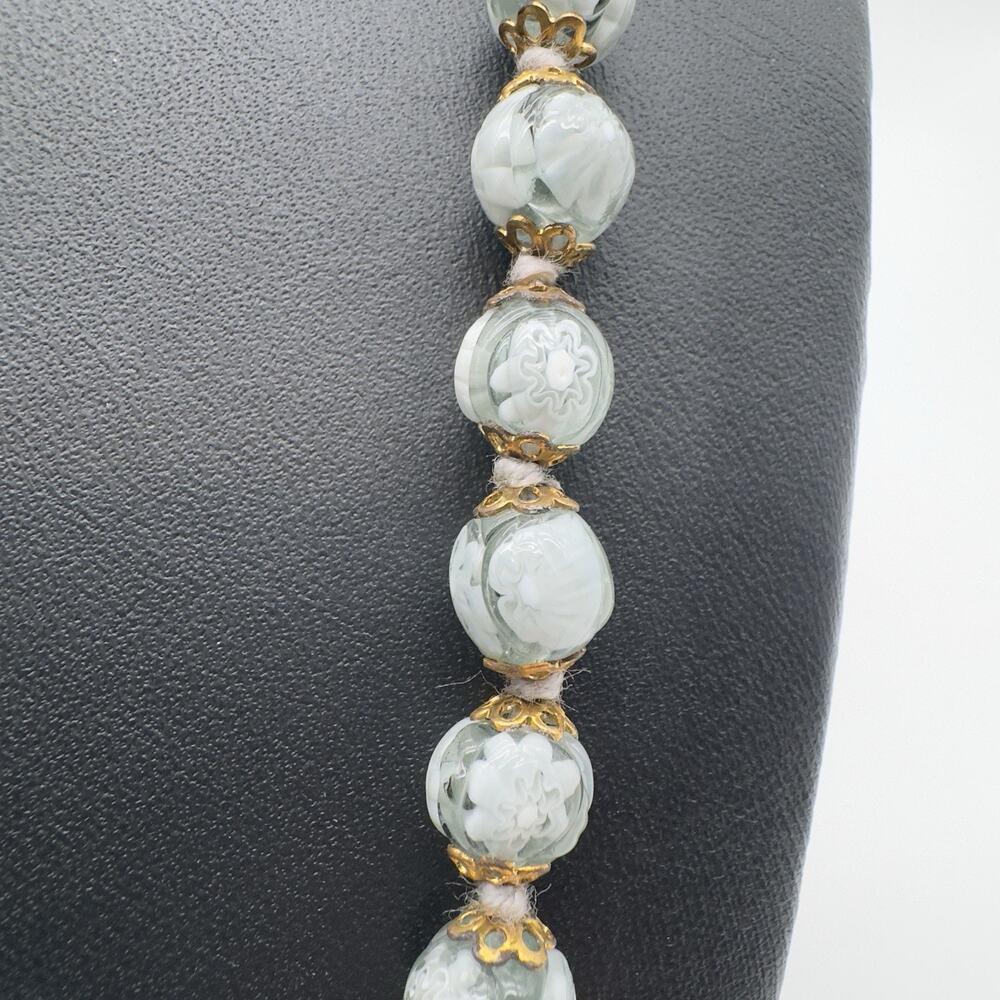 Vintage Venetian Glass Necklace Millefiori Beaded Gray White Hand Knotted NEW - Picture 2 of 8